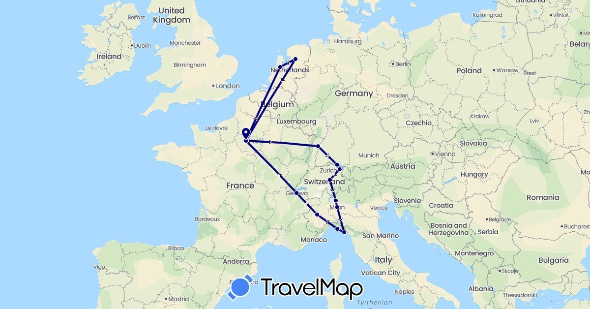 TravelMap itinerary: driving in Switzerland, Germany, France, Italy, Netherlands (Europe)